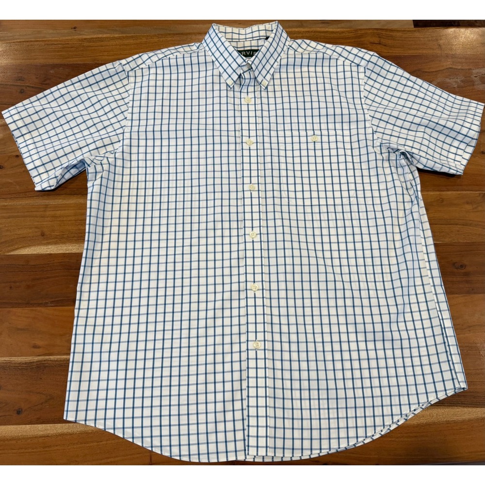 Orvis Mens XL Short Sleeve Button Down Shirt Blue White Tattersall Check Cotton